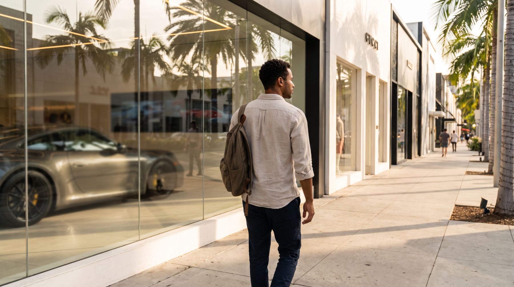 Man walking past luxury stores without buying