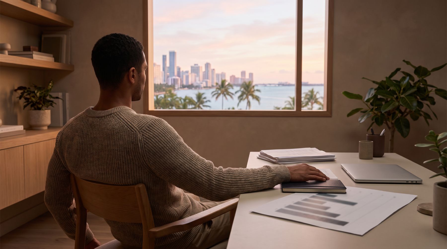 Man calmly reviewing his long-term investments by a window