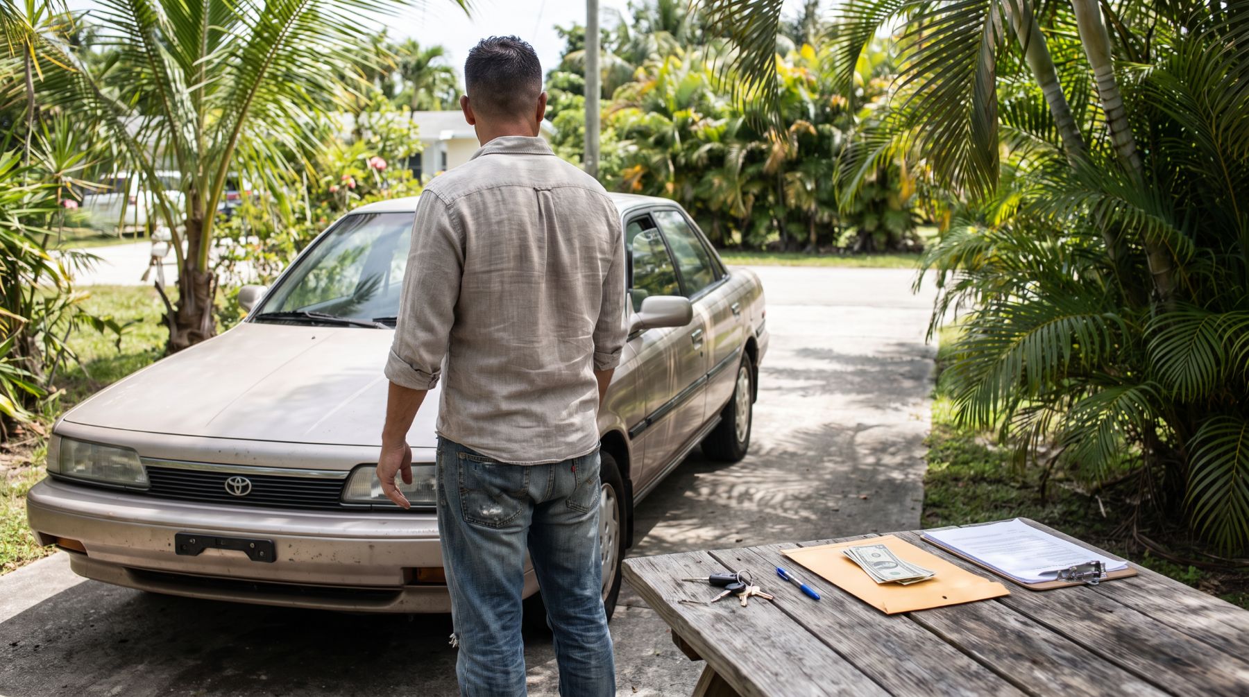 Man next to an older simple car, paid in cash