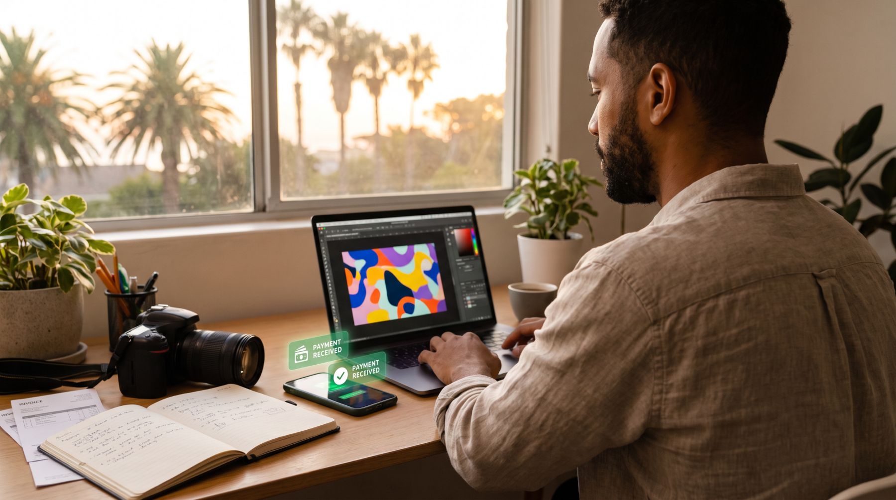 Man doing freelance design work at home as a side income