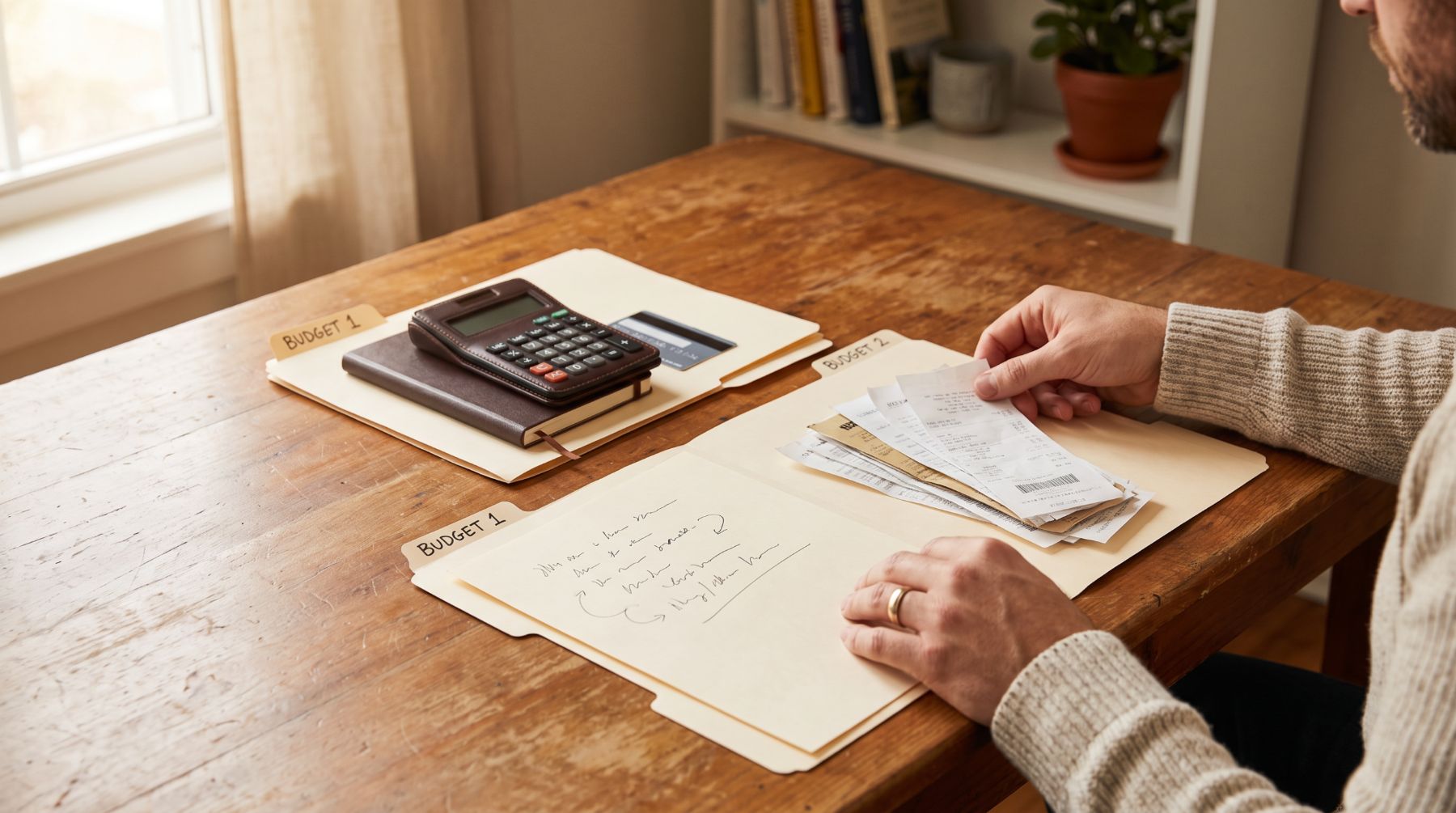 Two budget folders with receipts and a calculator on a wooden table